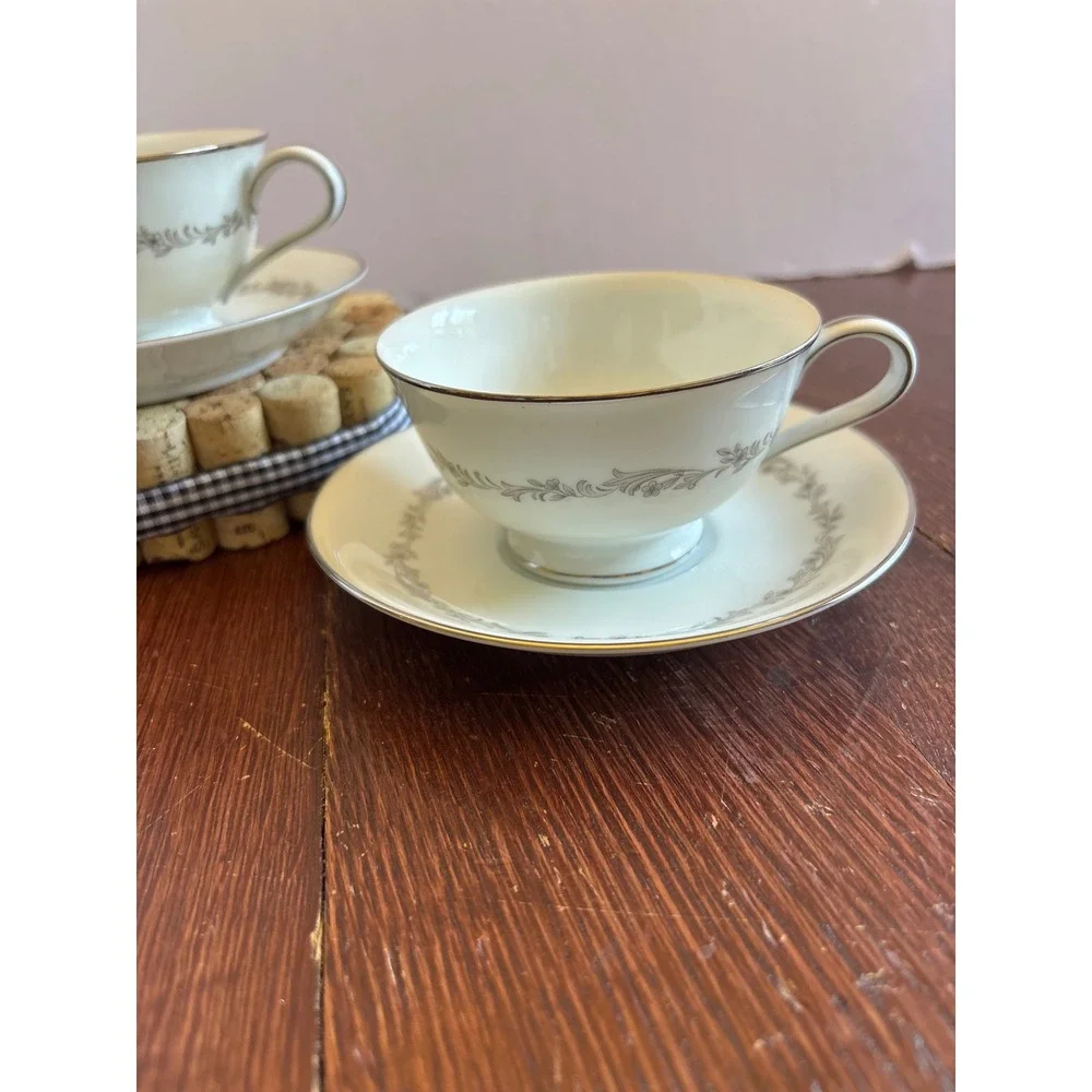 Noritake Crestmont 6013 Teacup and Saucer Set Grey Floral Platinum Trim Japan
